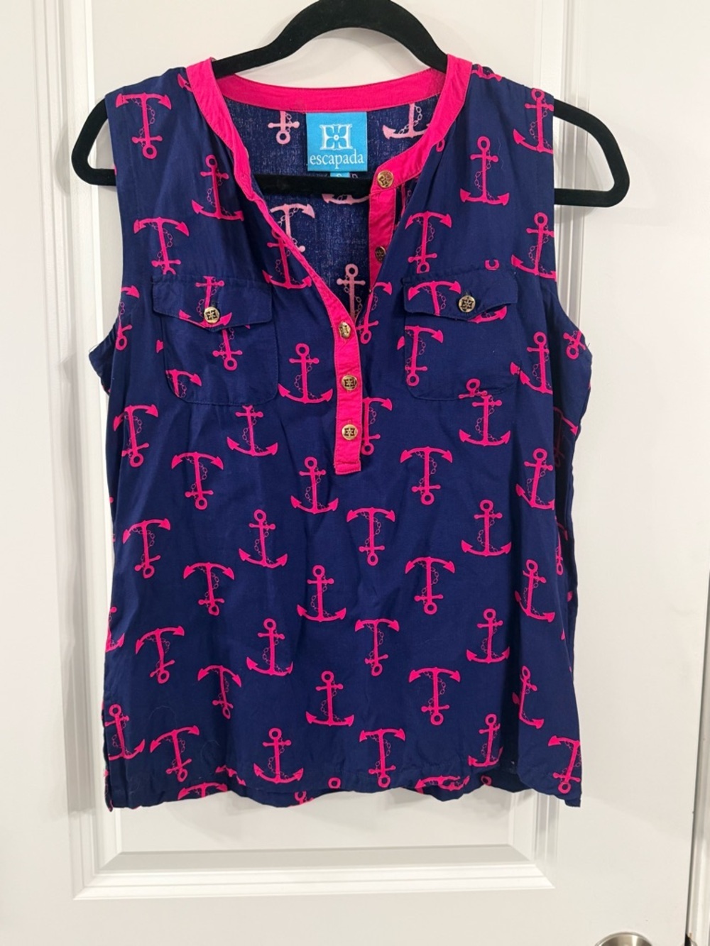 Escapada Nautical Navy Anchor Print Sleeveless Top – Pink Trim Blouse (s)